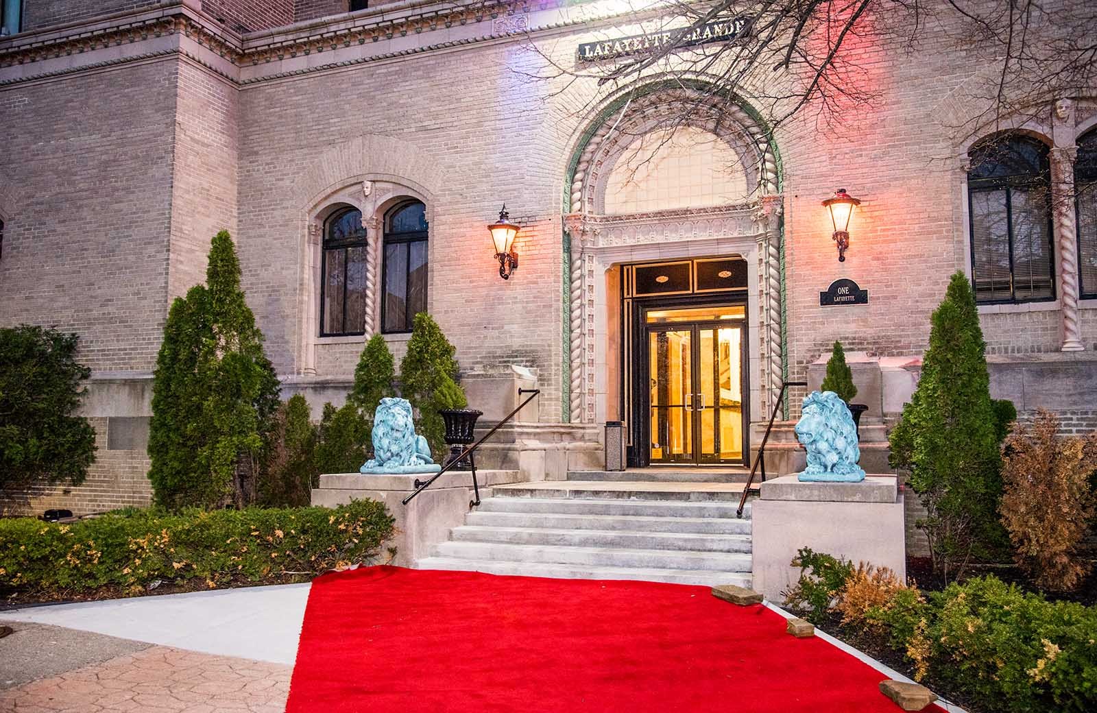 Lafayette Grande Entrance: An elegant and regal entrance from Lafayette St. The building, built in the 1920s, has served as a masonic temple, Oakland County Government Building, and a banquet facility since 1997.
