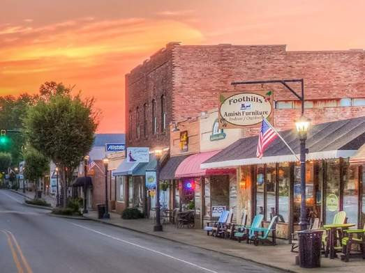 Street view at Downtown Landrum at Sunset in South Carolina.