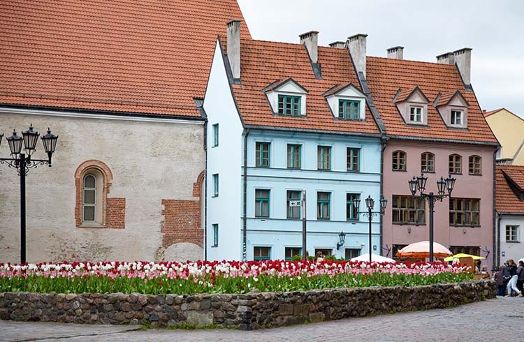 Colorful houses and flowers in Riga, Latvia.