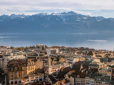 Lake Geneva in Lausanne with mountains