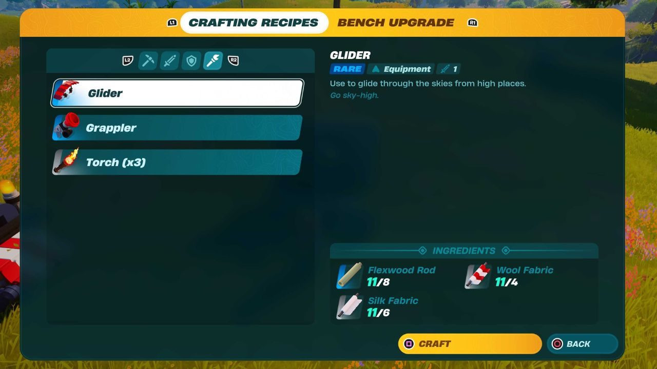 The crafting requirements for a glider in LEGO Fortnite, in which you need 8 Flexwood Rods, 8 Wool Fabric, and 8 Silk Fabric