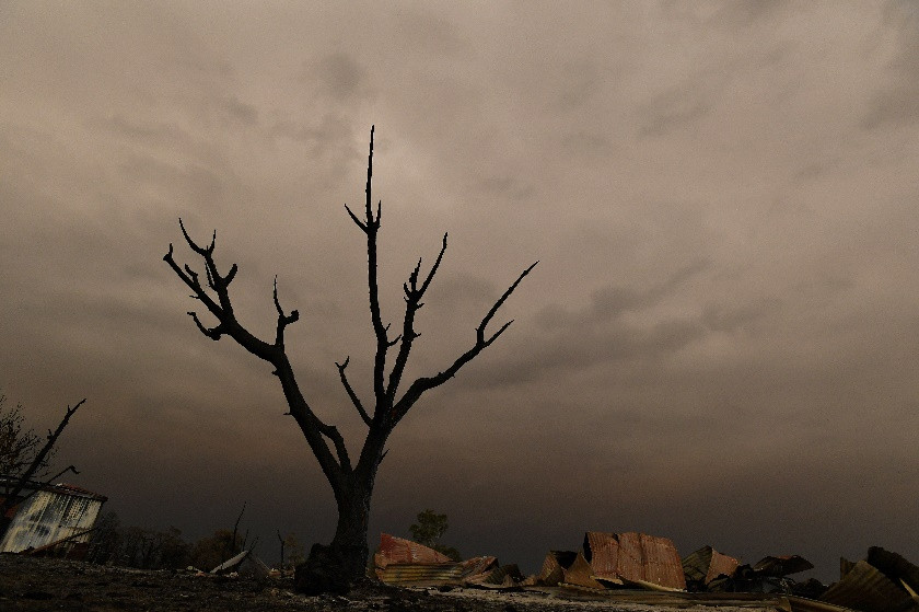 Burnt-out property in Bruthen South Victoria after the Australian bushfires in late December 2019, showing extensive damage and destruction