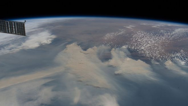 Smoke from the Australian bushfires drifting across the Pacific Ocean, as seen from space, illustrating the widespread impact on air quality and international travel