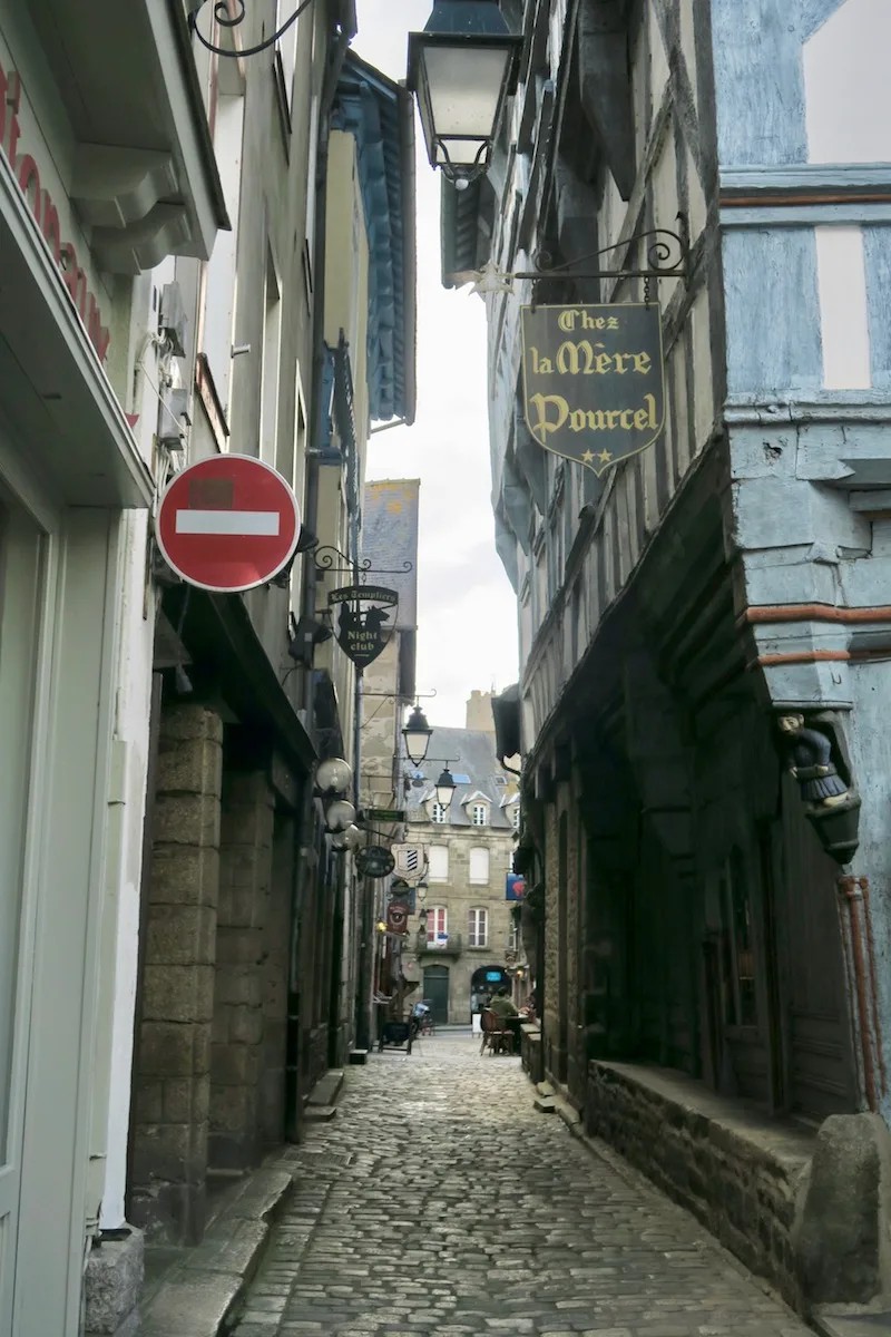 Cobbled street in Dinan France with timbered houses