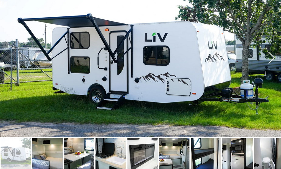 LIV RV 19BHD travel trailer known as a Light Innovative Vehicle, constructed with 100% composite double welded unibody, ensuring lightweight and durable performance.