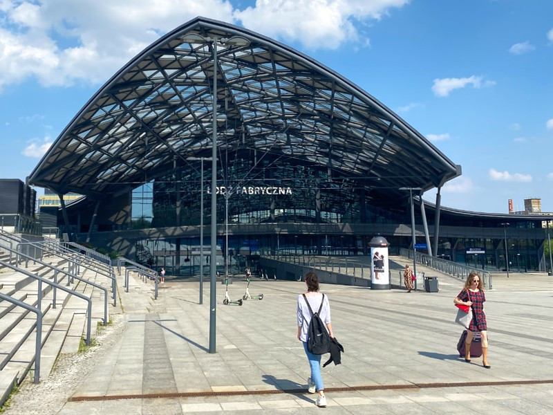 View of the canopy of the contemporary Łódź Fabryczna train station in Poland, from the front precinct