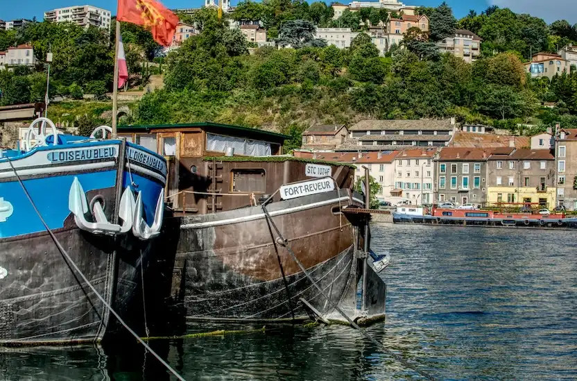 River boats in Lyon, France on a summer day. 