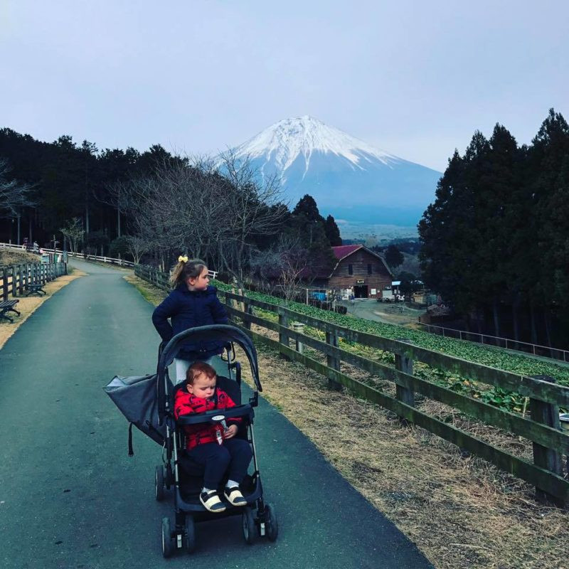 Stroller in front of Mt Fuji, offering comfort and convenience for families exploring Japan