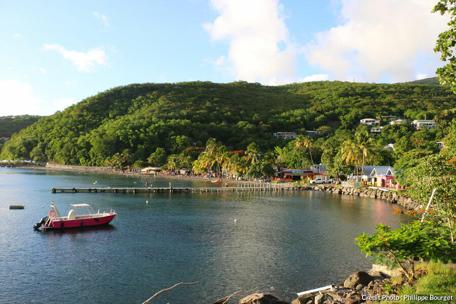 La plage de Malendure, à Bouillante, en Guadeloupe: Malendure beach in Bouillante, Guadeloupe with dark sand and palm trees
