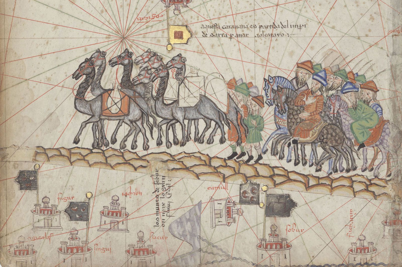 Marco Polo traveling in a caravan, illustration from the Catalan Atlas (1375), in the collection of the Bibliothèque Nationale, Paris, France.