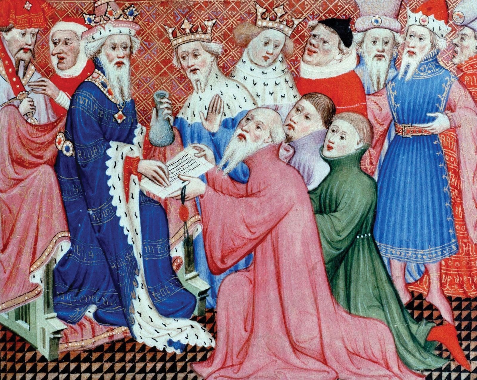 Marco Polo, his uncle, and his father presenting the pope's letter at the court of Kublai Khan, detail of an illuminated manuscript; in the Bodleian Library, Oxford, England.