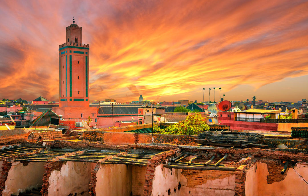 Djemaa el-Fna square in Marrakech, Morocco, filled with food stalls and storytellers at night