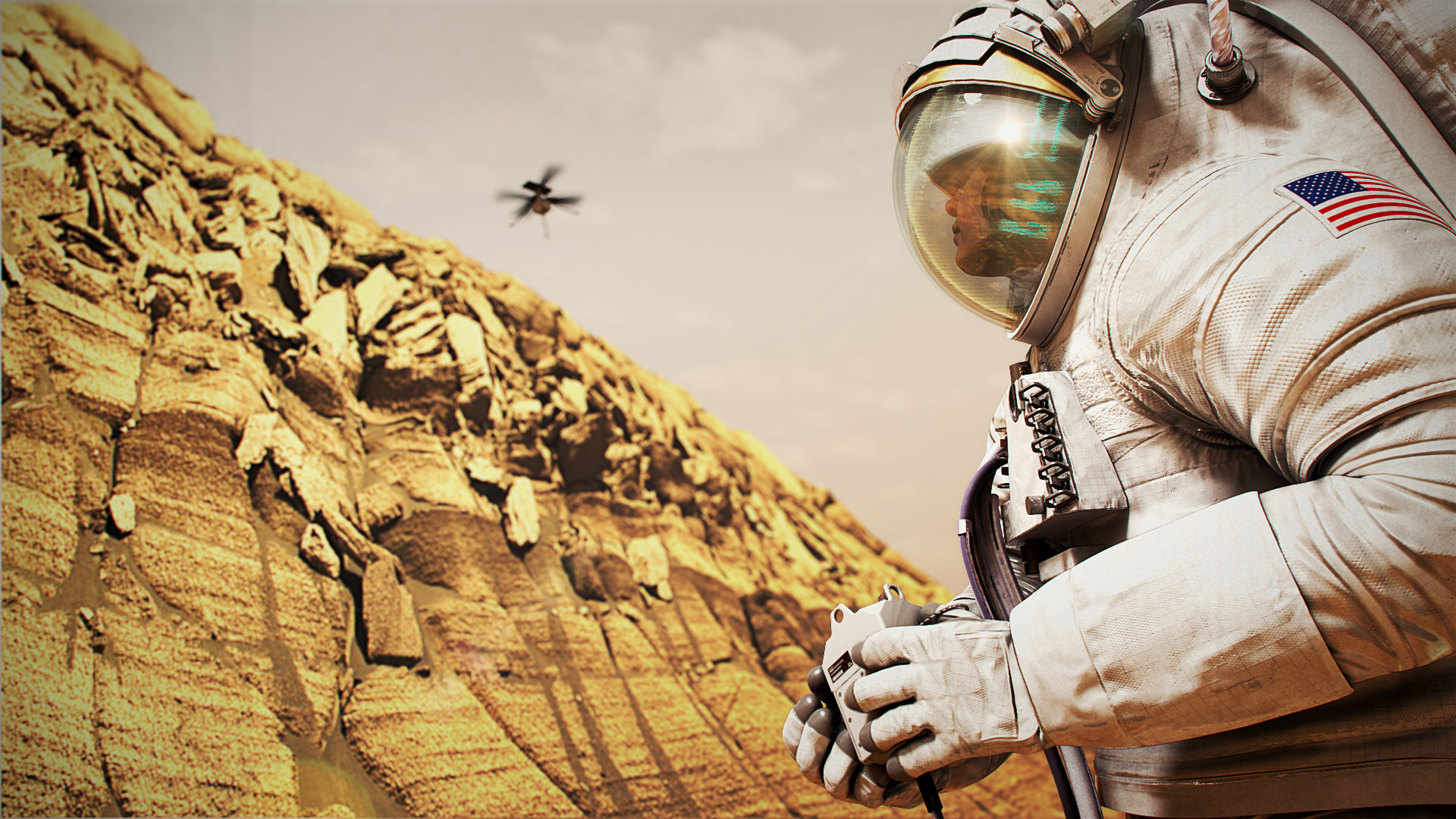 Illustration of an astronaut using a remote control drone on Mars.