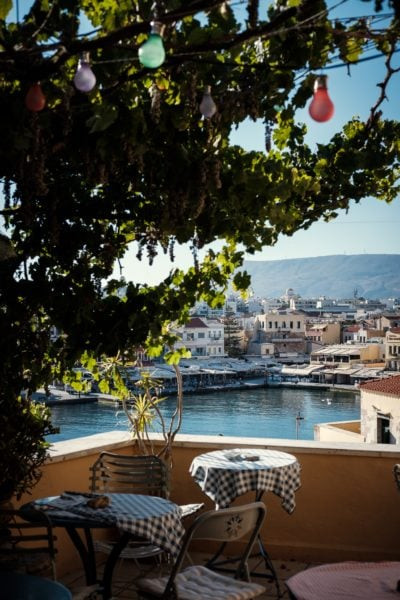 Outdoor seating of a restaurant in Greece