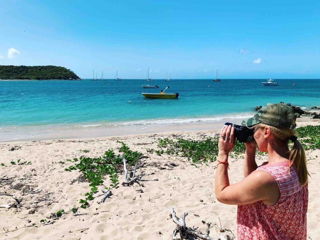 Merry taking a photo on the beach, Vieques