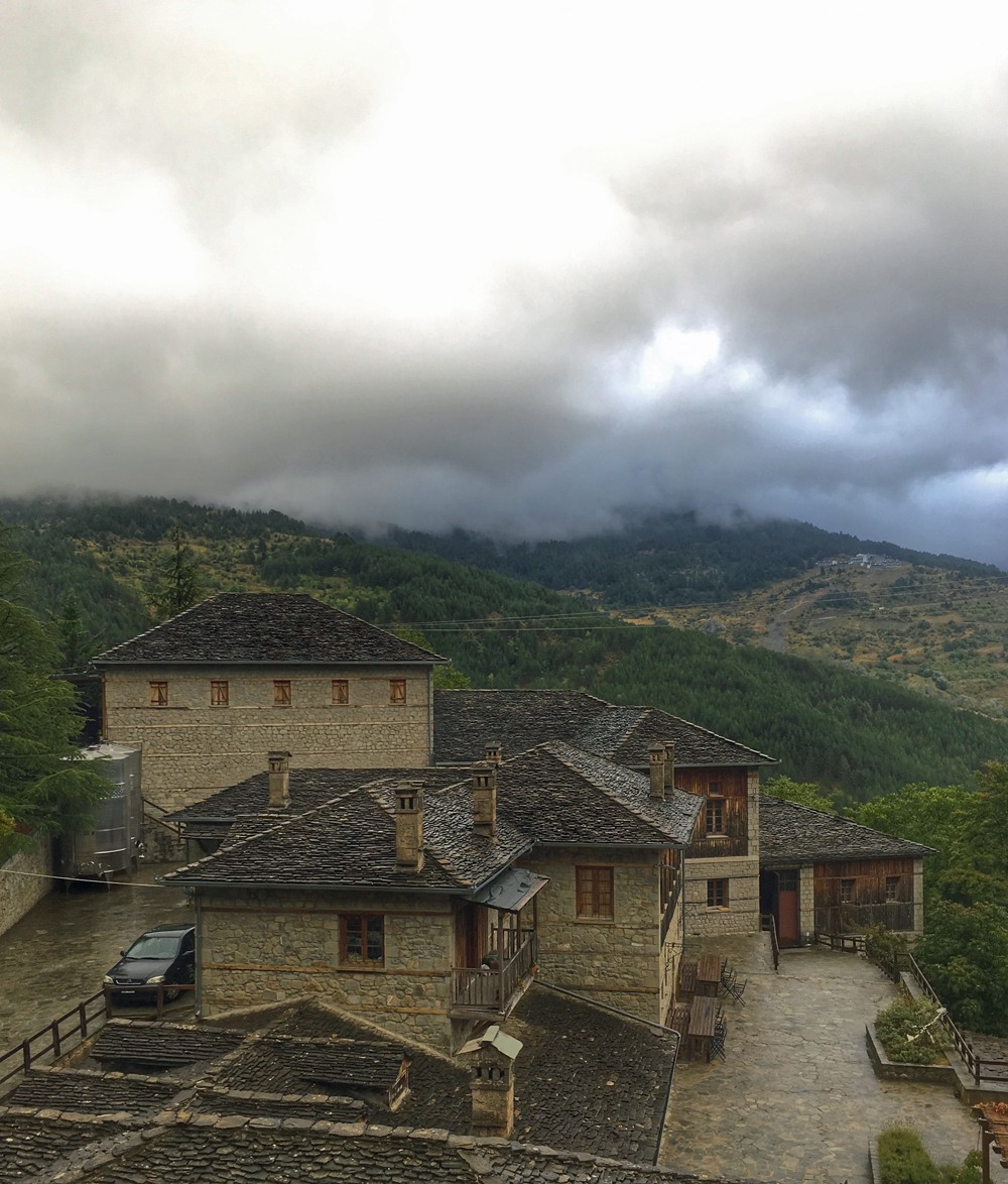 The Averoff Winery sandstone slab rooftops on a rainy day