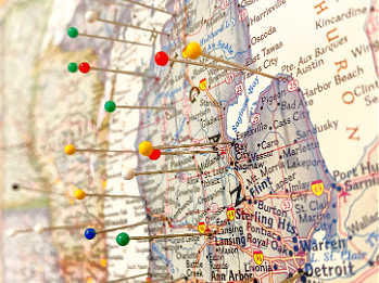 Michigan Map with pin points of travel interests