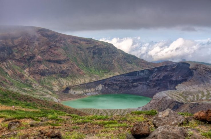 Teal-hued Okama Crater lake on Mount Zao, Miyagi-Yamagata border