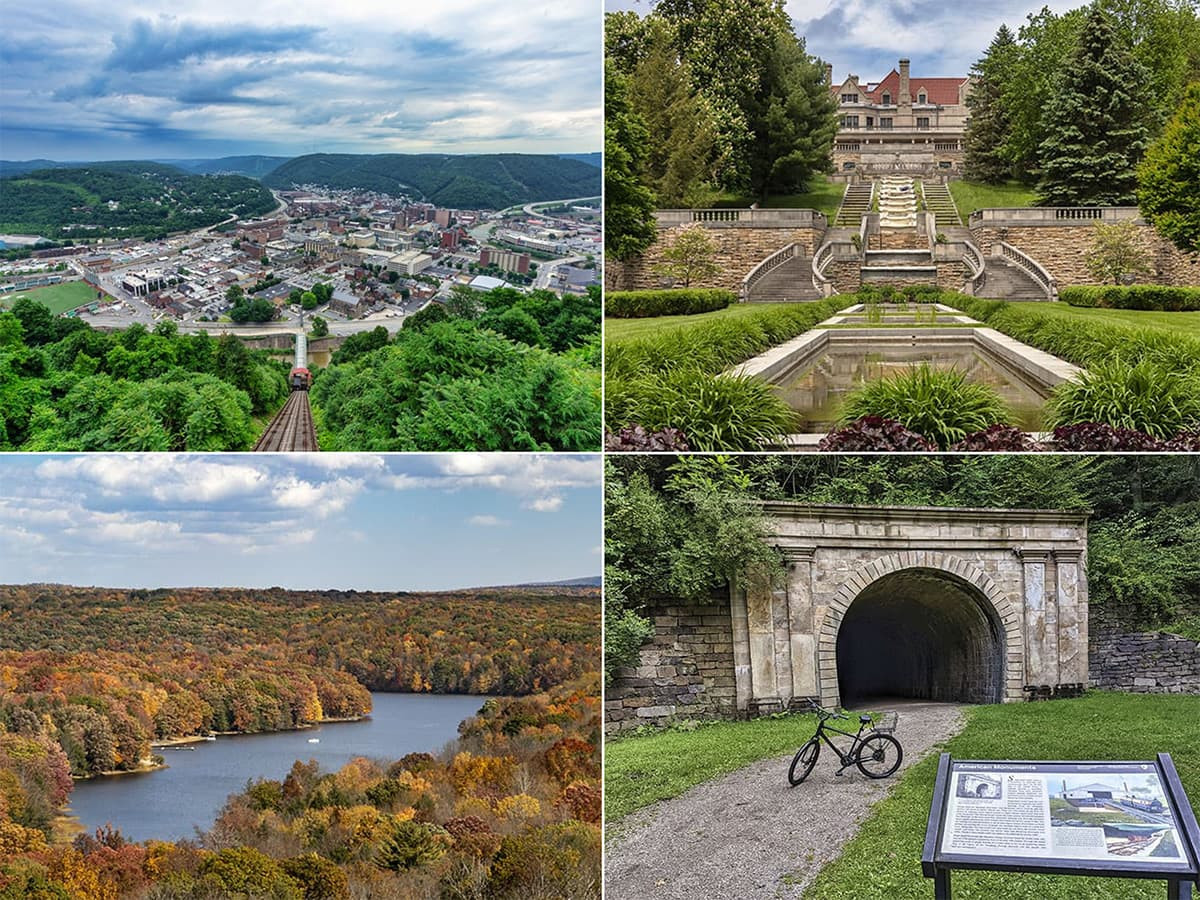 A collage of four photos highlighting points of interest in Cambria County, Pennsylvania