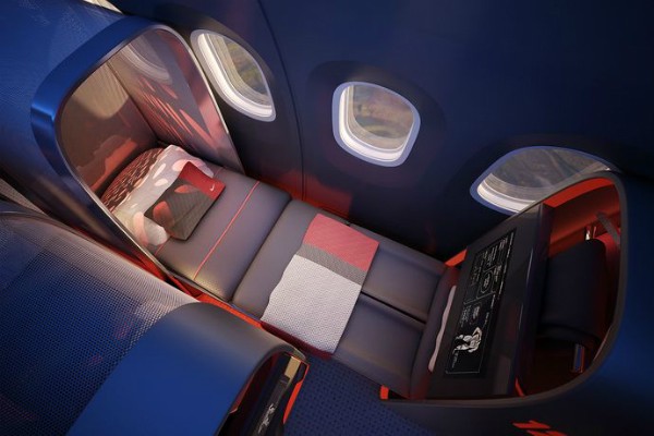 Nike and Teague design for aircraft interior designed for athletes, emphasizing recovery, circulation, sleep, and thinking.