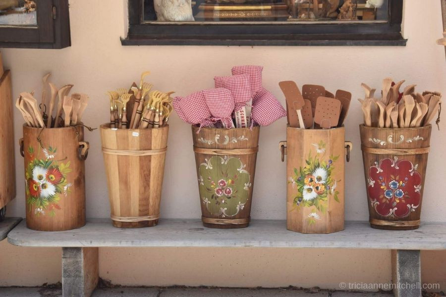 Wooden souvenirs for sale at an Oberammergau, Germany souvenir shop.