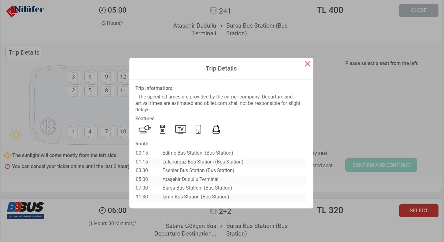 Obilet screen showing seat layout