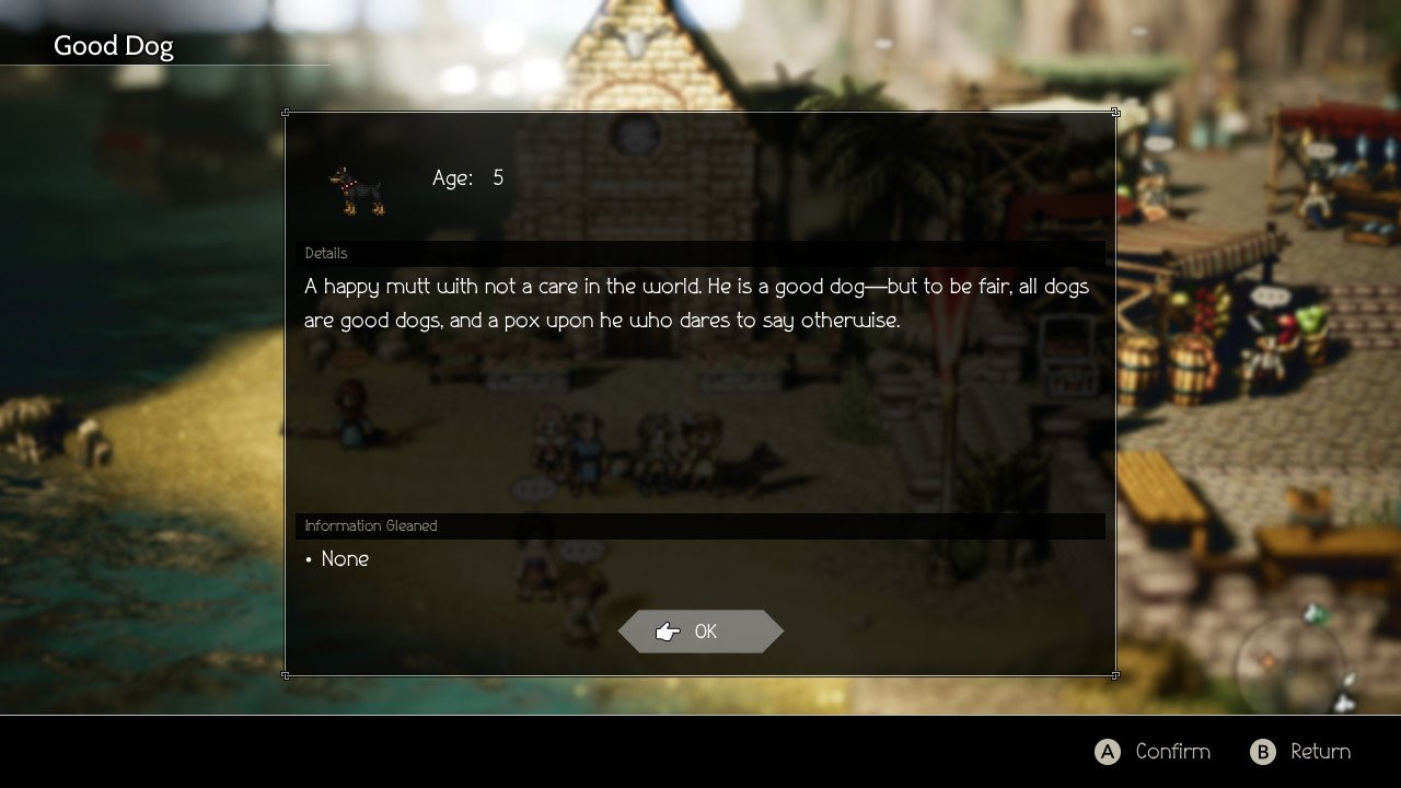 A charming moment with a dog in Octopath Traveler