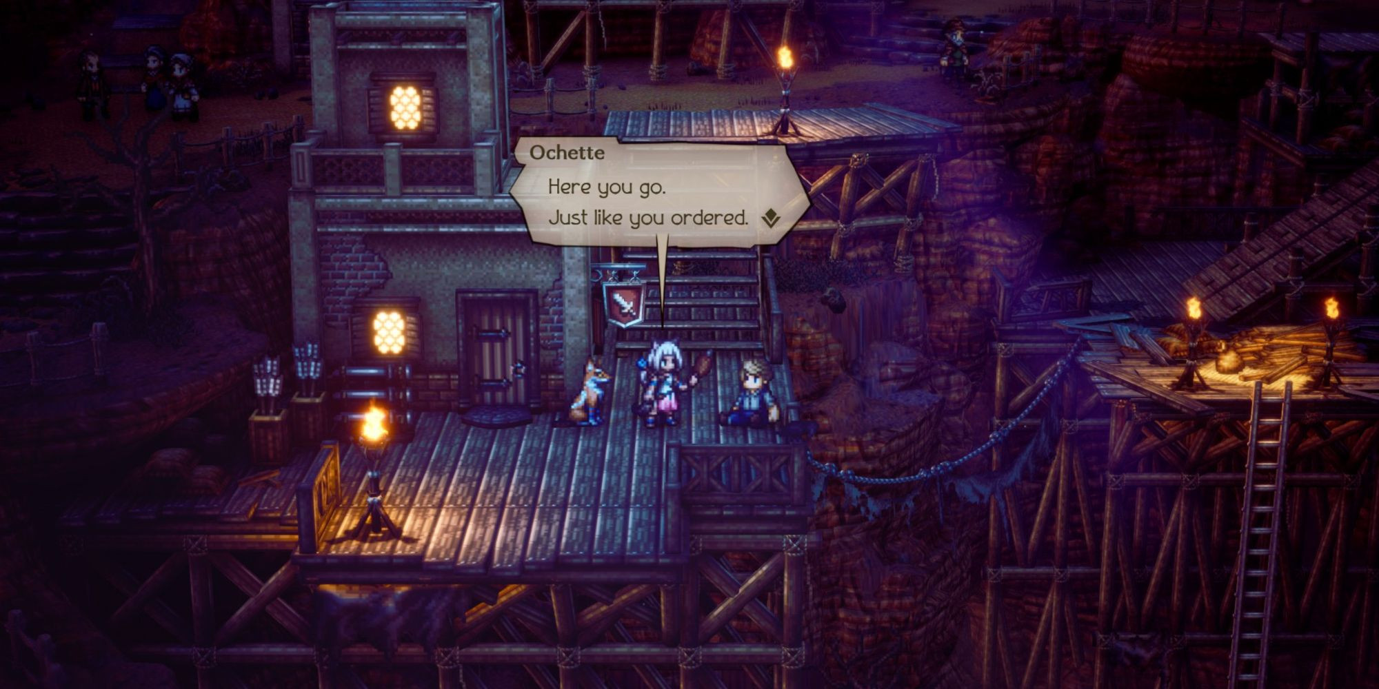Octopath Traveler 2 - Ochette giving Jerky to Pom