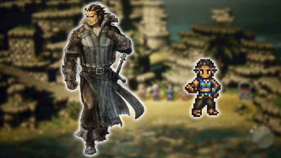 Octopath Traveler characters: key art and a pixelated character model show a tall, muscular man wielding a sword