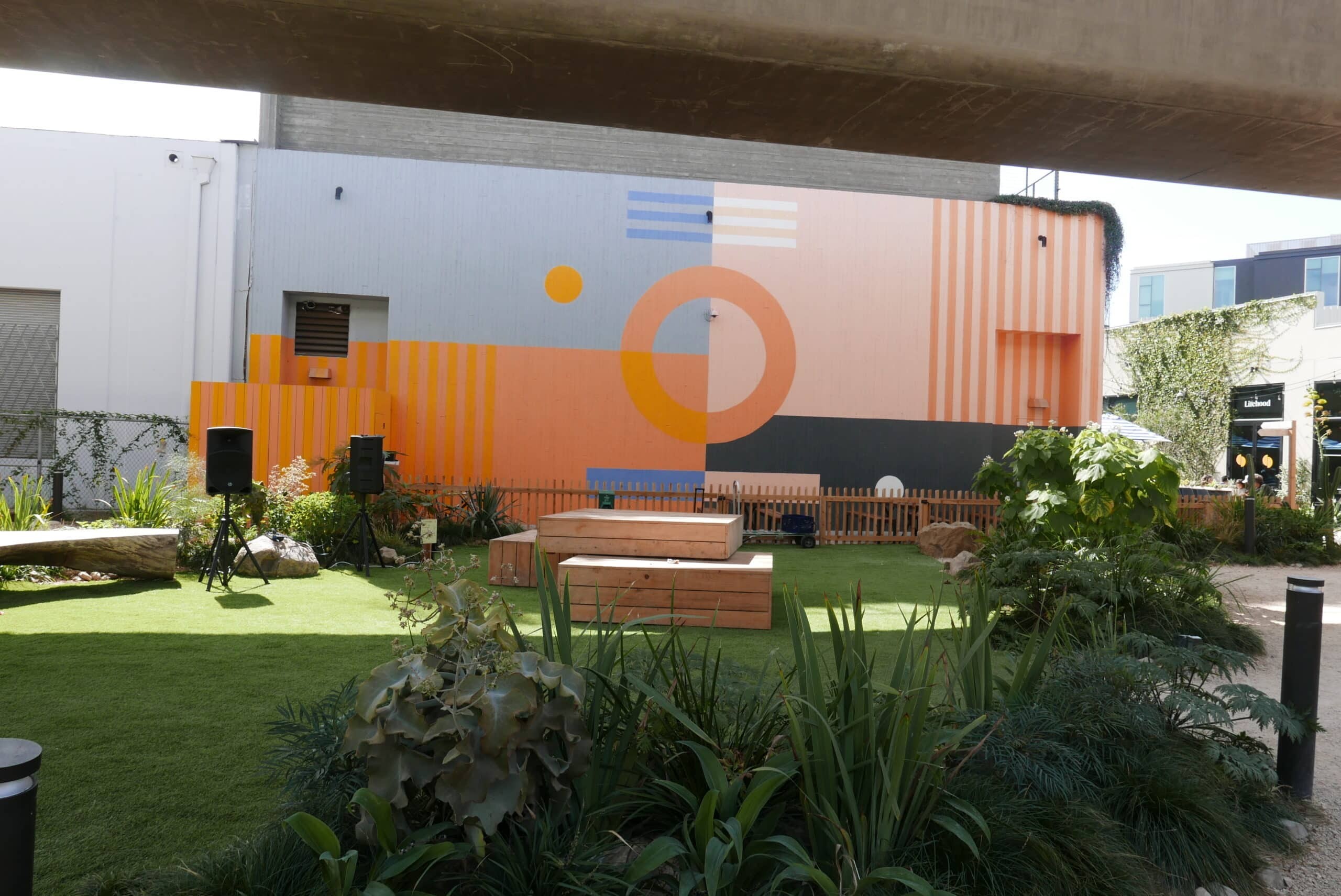 Shot of Platform Park with benches and geometric mural