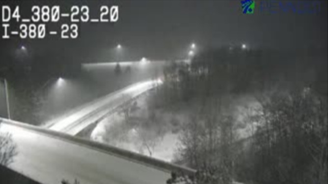 This image shows snow falling along I-380 at Exit 24 in Pennsylvania on Thursday, Nov. 28, 2024.