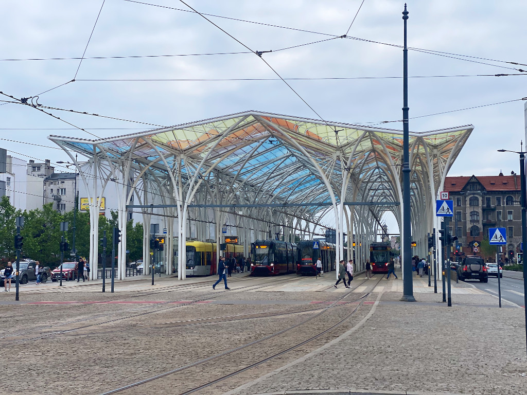 The roofed structure surrounding the Piotrkowska Centrum tram stop in Łódź, Poland