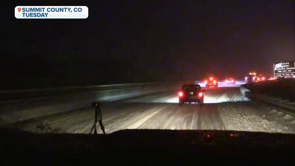 A video shared from Summit County in Colorado showed how treacherous the driving conditions were as snow fell across the region on Tuesday. A powerful coast-to-coast storm is dumping snow in the West and is expected to lead to travel troubles across the eastern U.S. on Thanksgiving.