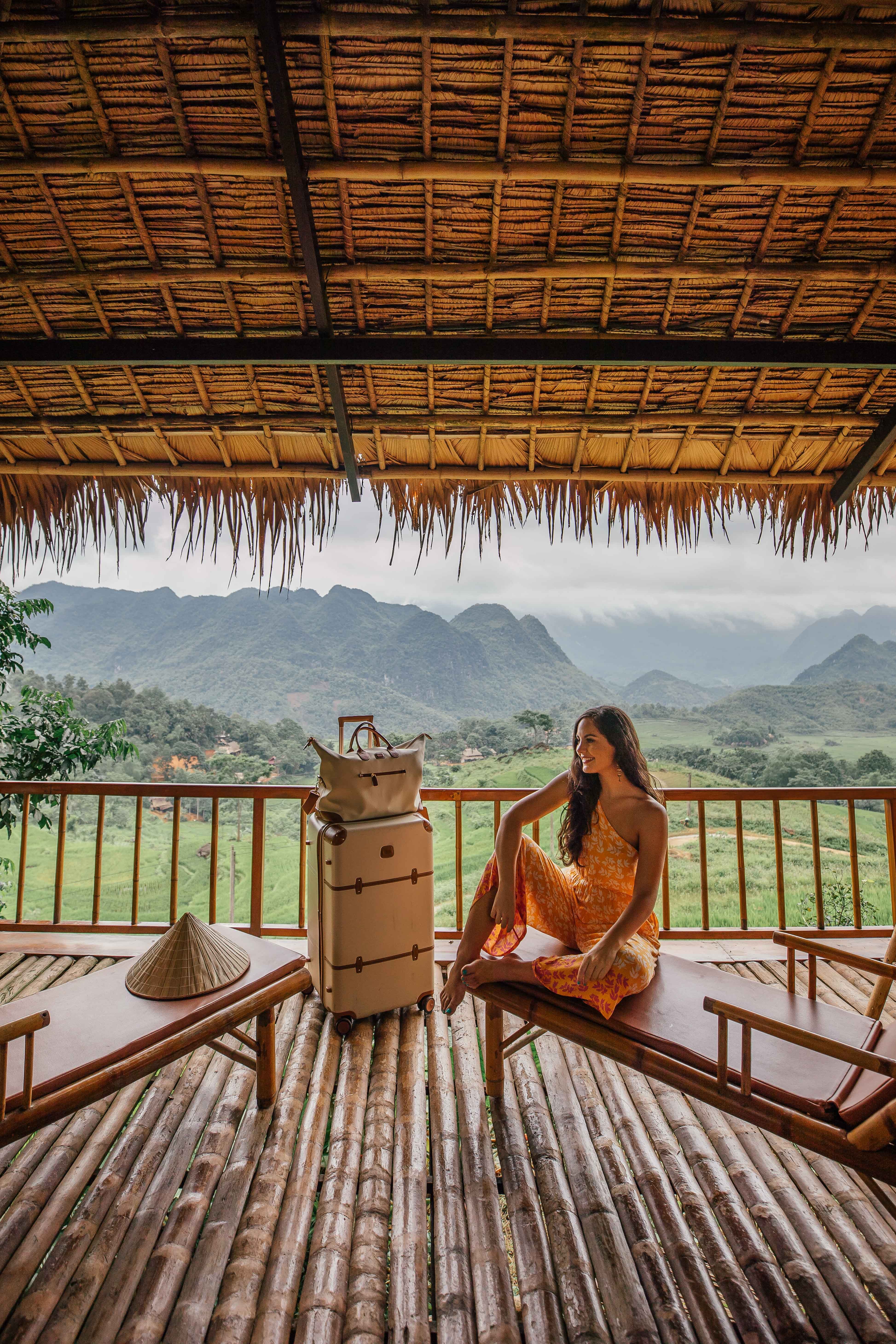 View from the hotel balcony at Pu Luong Retreat overlooking the rice terraces and mountains