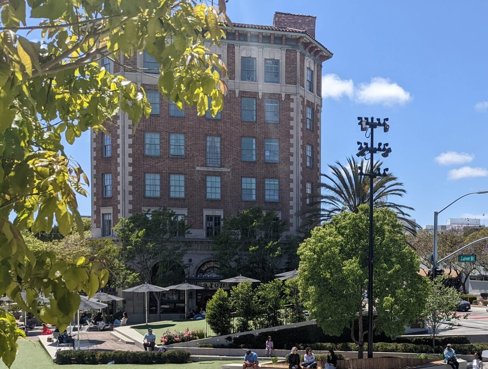 The front entrance of the Culver Hotel from the Culver Steps park