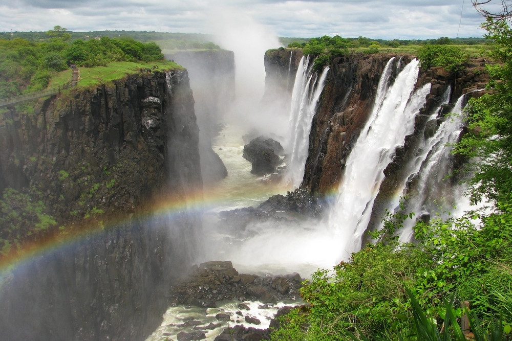 Rainbow over Victoria Falls, showcasing the natural wonder
