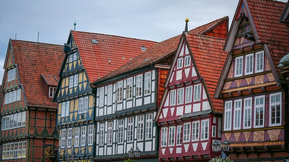 Remarkable half-timbered houses of Celle, Germany detailed shot 