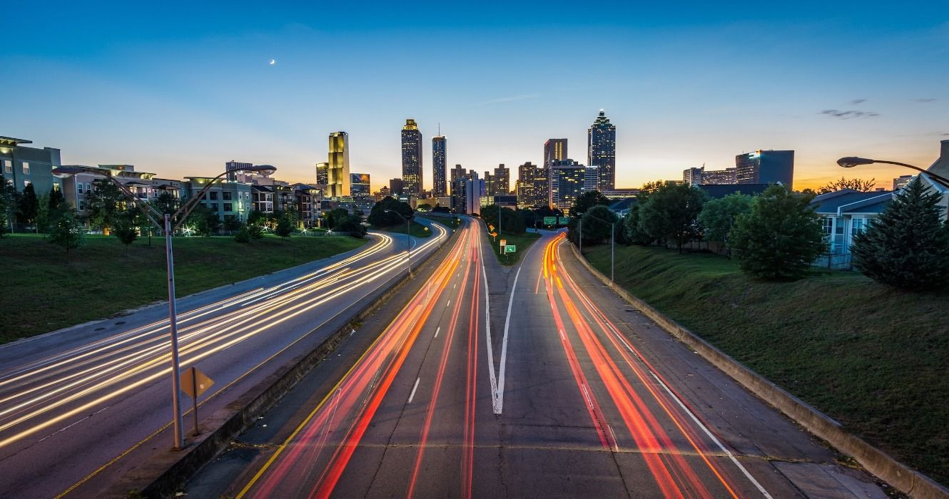 A time-lapse showing the bustling traffic on the Jackson Street Bridge in Atlanta at night