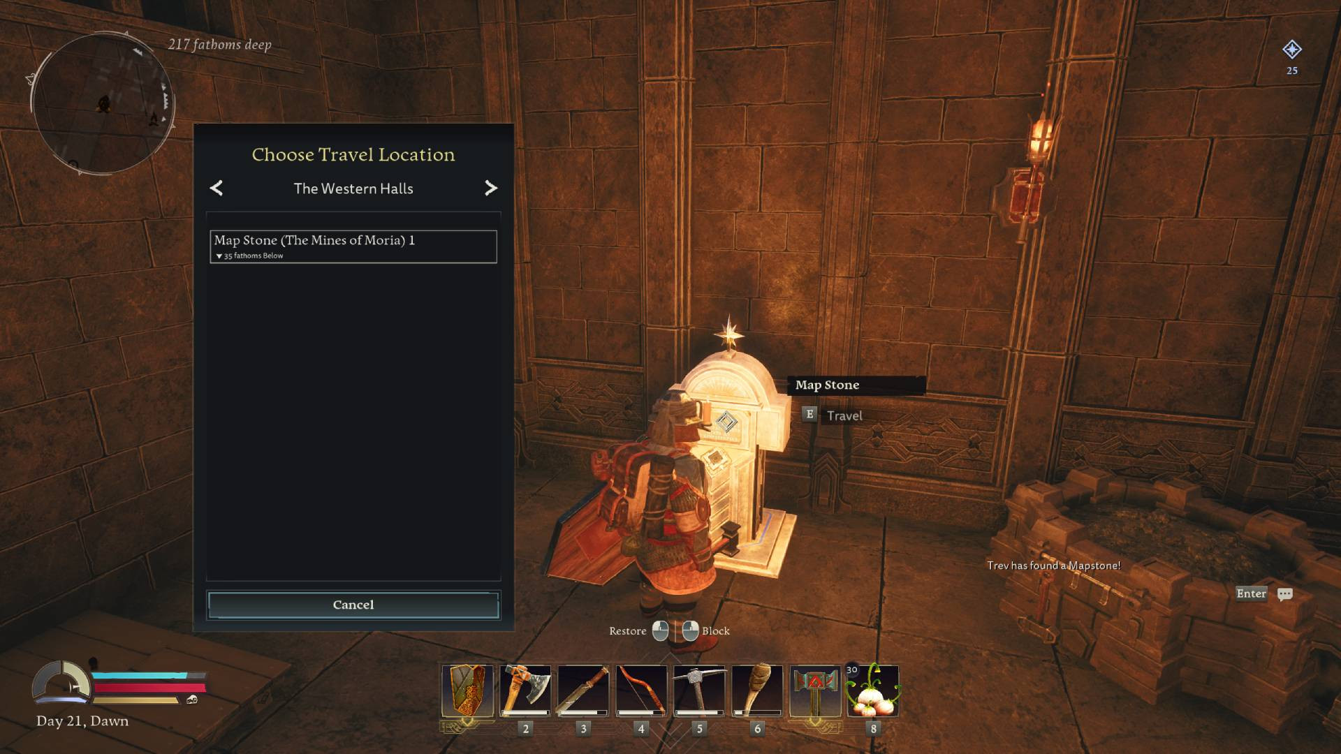 A dwarf interacts with a mapstone in Return to Moria to fast travel.