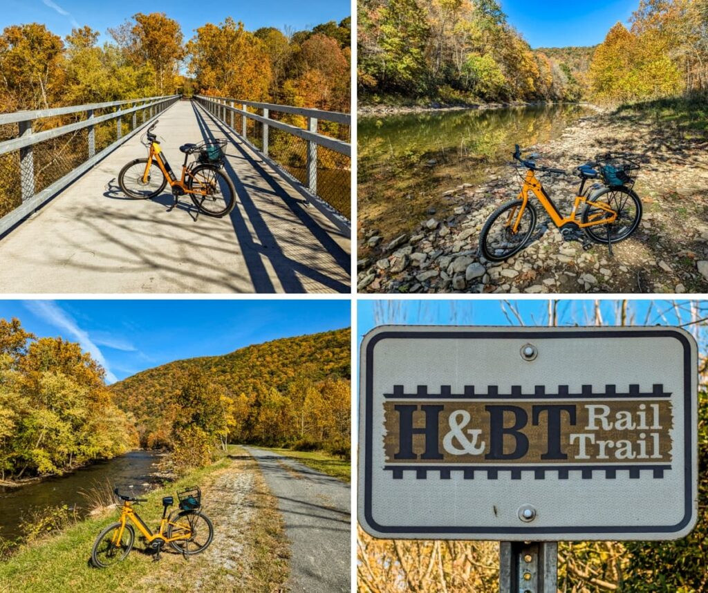 A collage of four photos showcasing scenic highlights along the Huntingdon and Broad Top Rail Trail in Bedford County, Pennsylvania