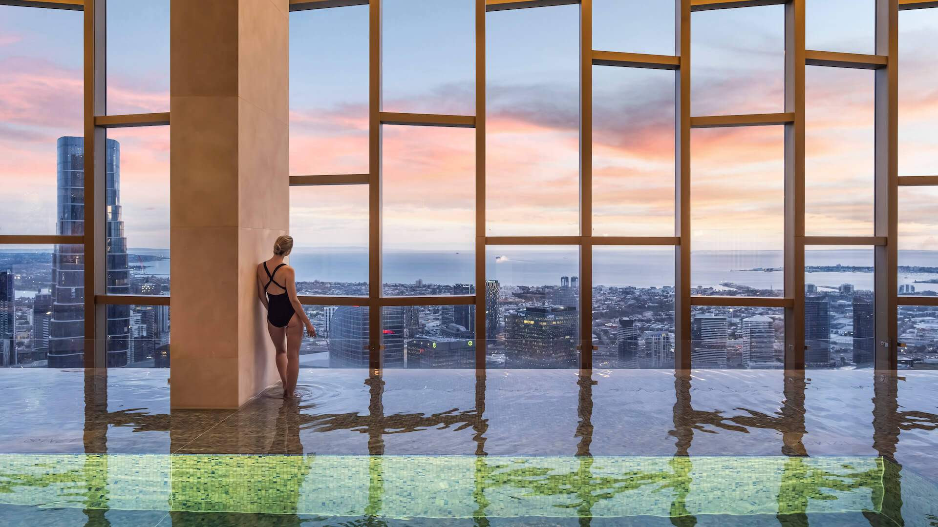 The stunning outdoor pool at The Ritz-Carlton in Melbourne, providing breathtaking views of the city