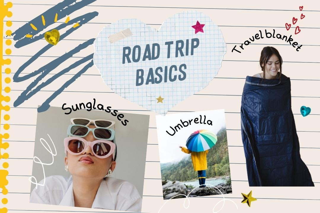 Road trip basics including sunglasses and a map