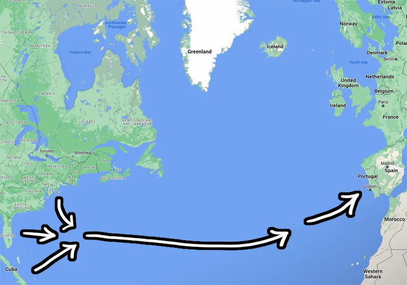 Sailboat traveling across the Atlantic from USA to Europe, illustrating the adventure of sailing
