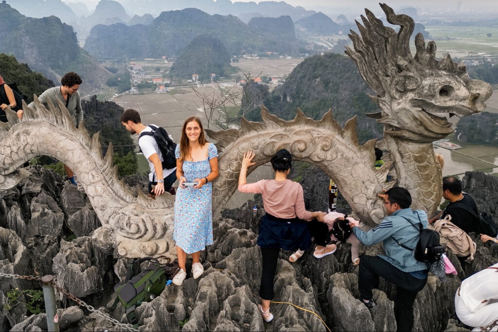 crowd on top of dragon hang mua viewpoint in Ninh Binh, Vietnam