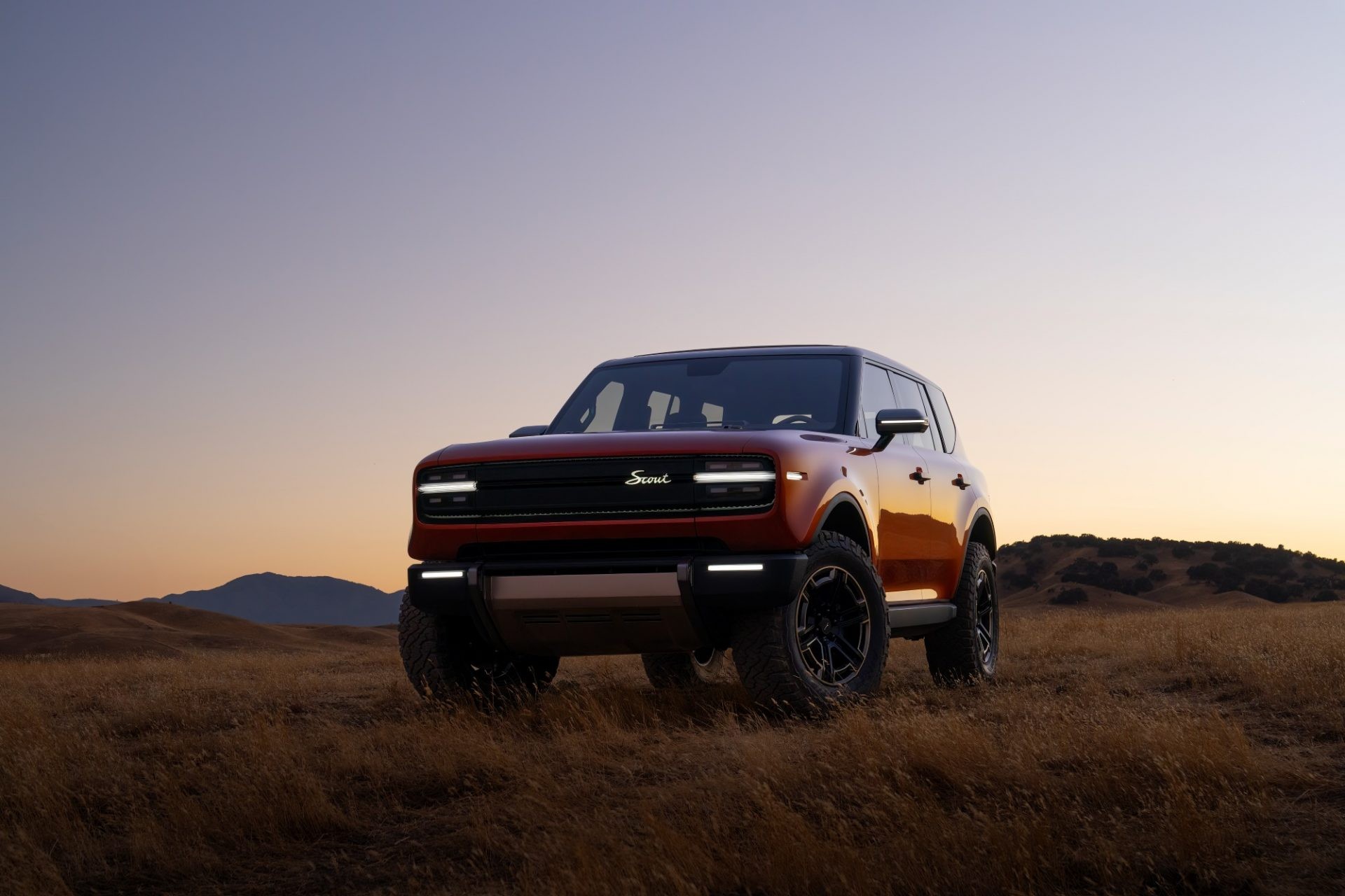 Front view of the Volkswagen Scout Traveler SUV showcasing its rugged design