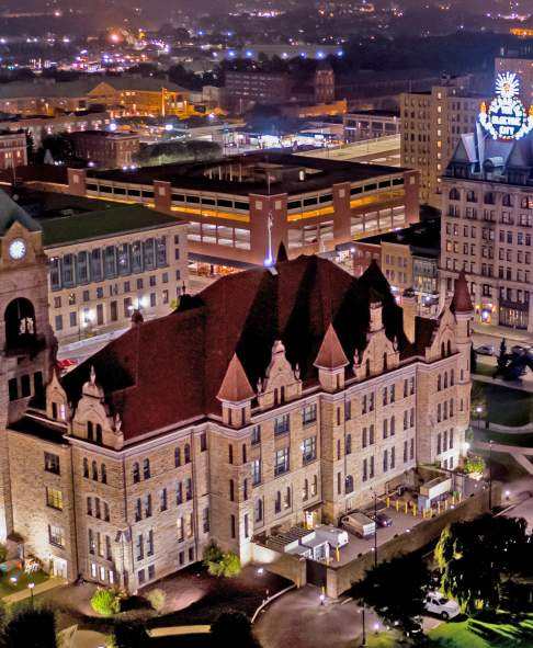 Downtown Scranton glows against the night sky