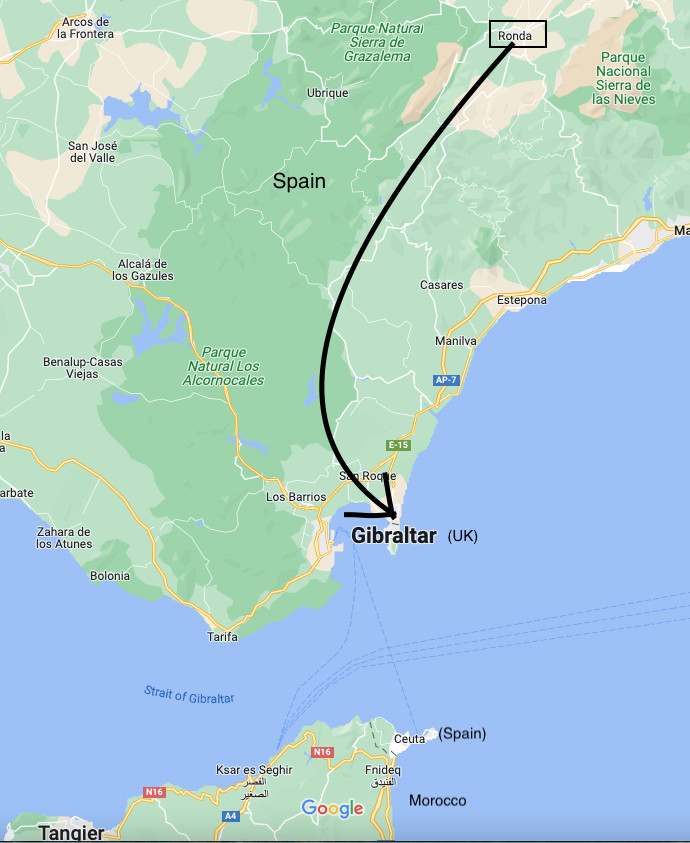 Location of Gibraltar relative to Morocco and Spain