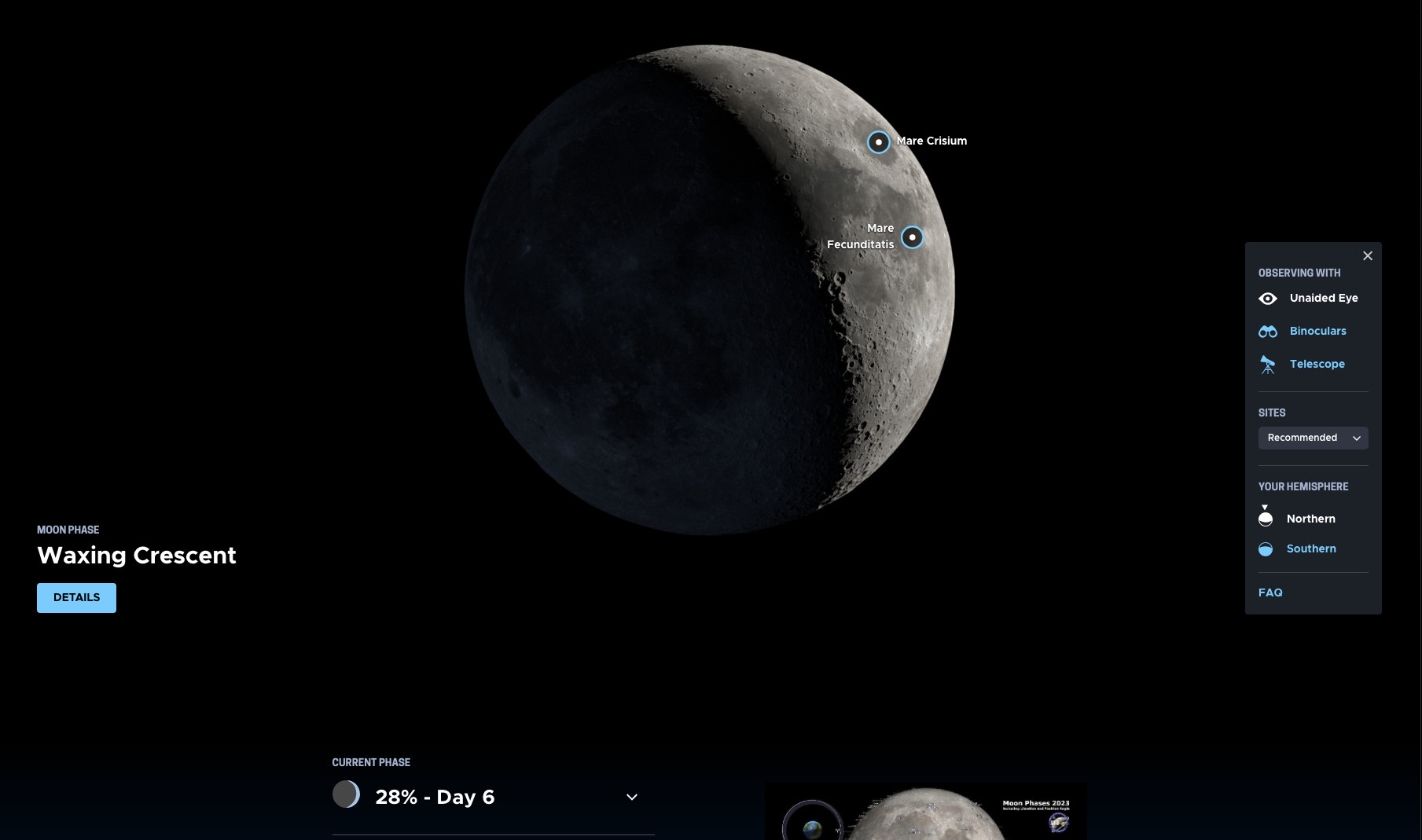 Screenshot from the NASA daily Moon guide webpage, showing the Moon