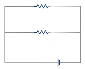 A diagram of a basic parallel circuit with a voltage source and two resistors in parallel, illustrating multiple pathways for the electrical current