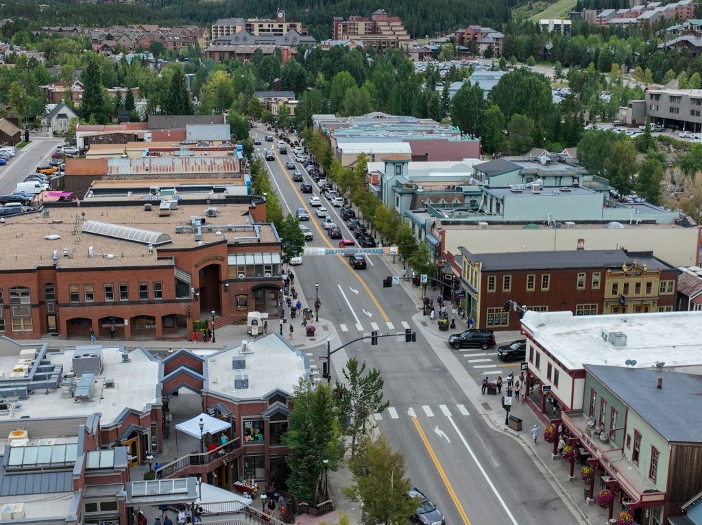Downtown Breckenridge at dusk, showcasing the historic buildings and vibrant atmosphere.